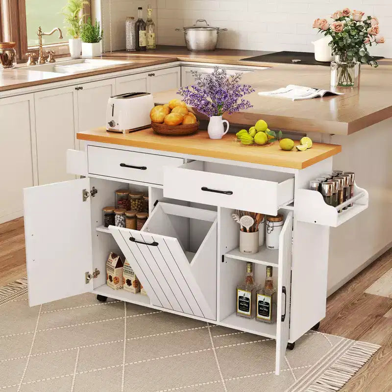 Carrello da Cucina/Isola mobile Bianco/Nero con pattumiera integrata, per 1 persona