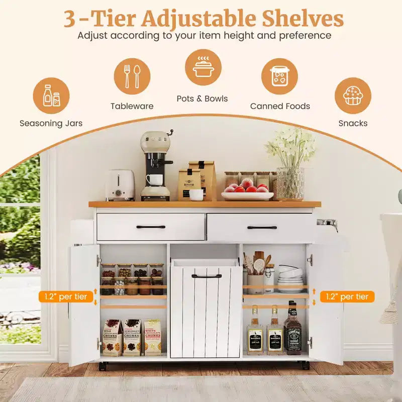 Carrello da Cucina/Isola mobile Bianco/Nero con pattumiera integrata, per 1 persona