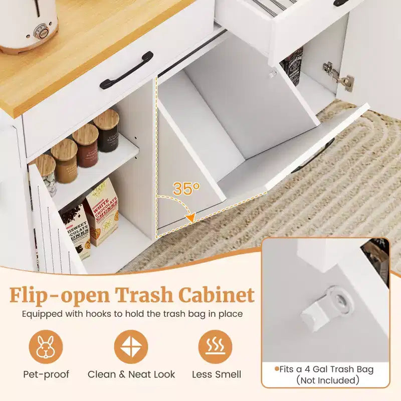 Carrello da Cucina/Isola mobile Bianco/Nero con pattumiera integrata, per 1 persona