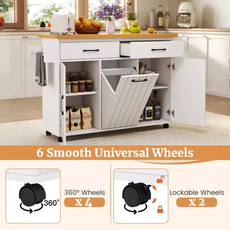 Carrello da Cucina/Isola mobile Bianco/Nero con pattumiera integrata, per 1 persona
