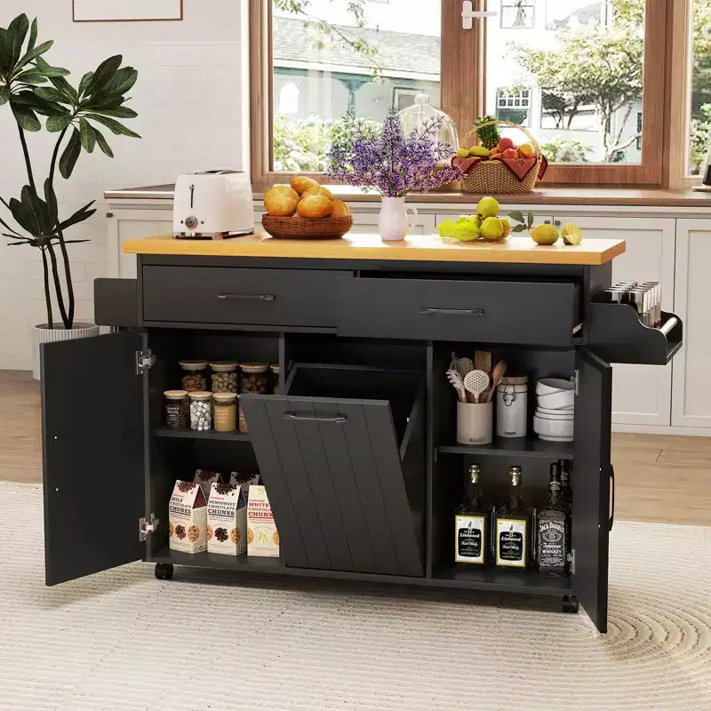 Carrello da Cucina/Isola mobile Bianco/Nero con pattumiera integrata, per 1 persona