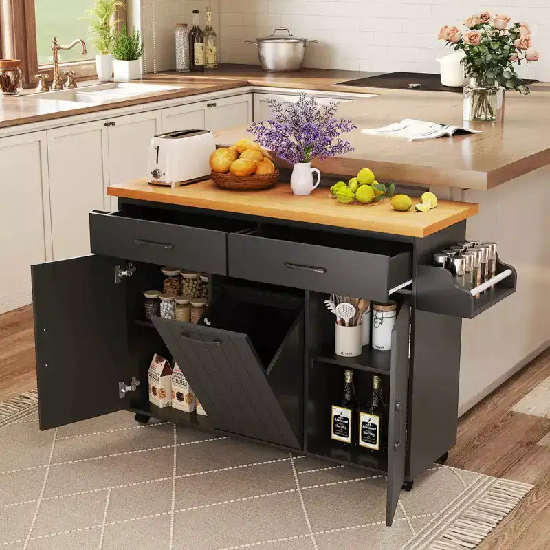 Carrello da Cucina/Isola mobile Bianco/Nero con pattumiera integrata, per 1 persona