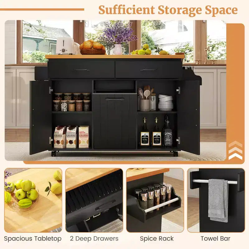 Carrello da Cucina/Isola mobile Bianco/Nero con pattumiera integrata, per 1 persona
