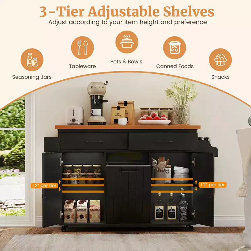 Carrello da Cucina/Isola mobile Bianco/Nero con pattumiera integrata, per 1 persona