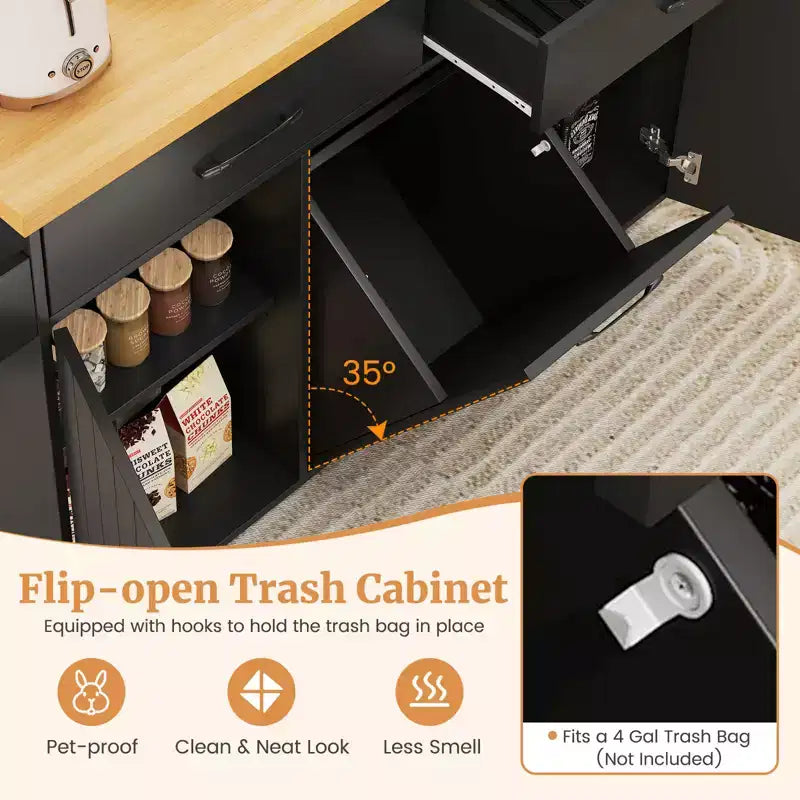 Carrello da Cucina/Isola mobile Bianco/Nero con pattumiera integrata, per 1 persona