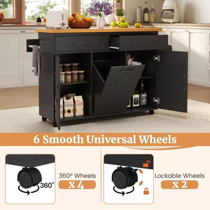 Carrello da Cucina/Isola mobile Bianco/Nero con pattumiera integrata, per 1 persona
