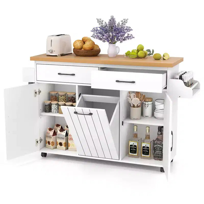 Carrello da Cucina/Isola mobile Bianco/Nero con pattumiera integrata, per 1 persona