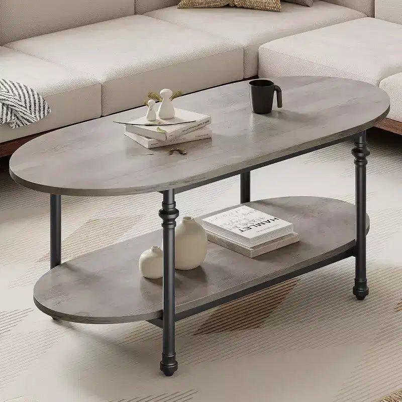 Coffee Table, 2 Tier Wood Oval Coffee Table with Roman Column Metal Legs and Open Shelf, Industrail Center Table Cocktail Tea Table