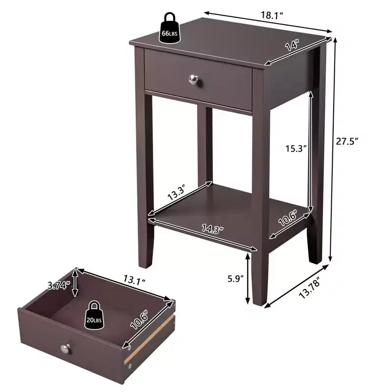 Comodino marrone a 1 cassetto, singolo