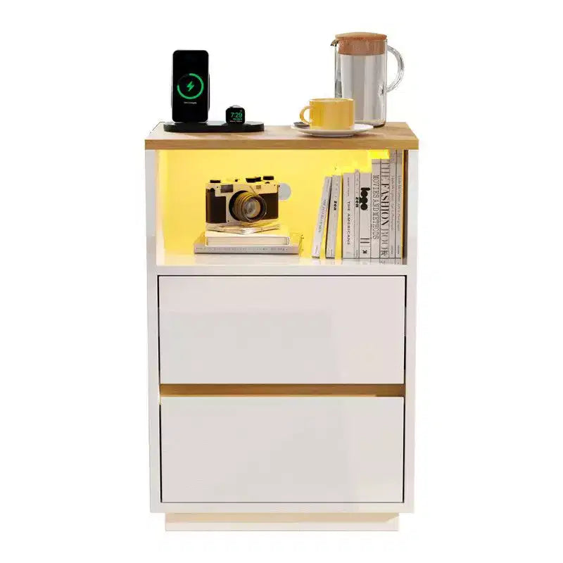 Comodino a 2 cassetti bianco e rovere con luci RGB e prese USB