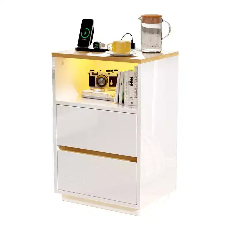 Comodino a 2 cassetti bianco e rovere con luci RGB e prese USB