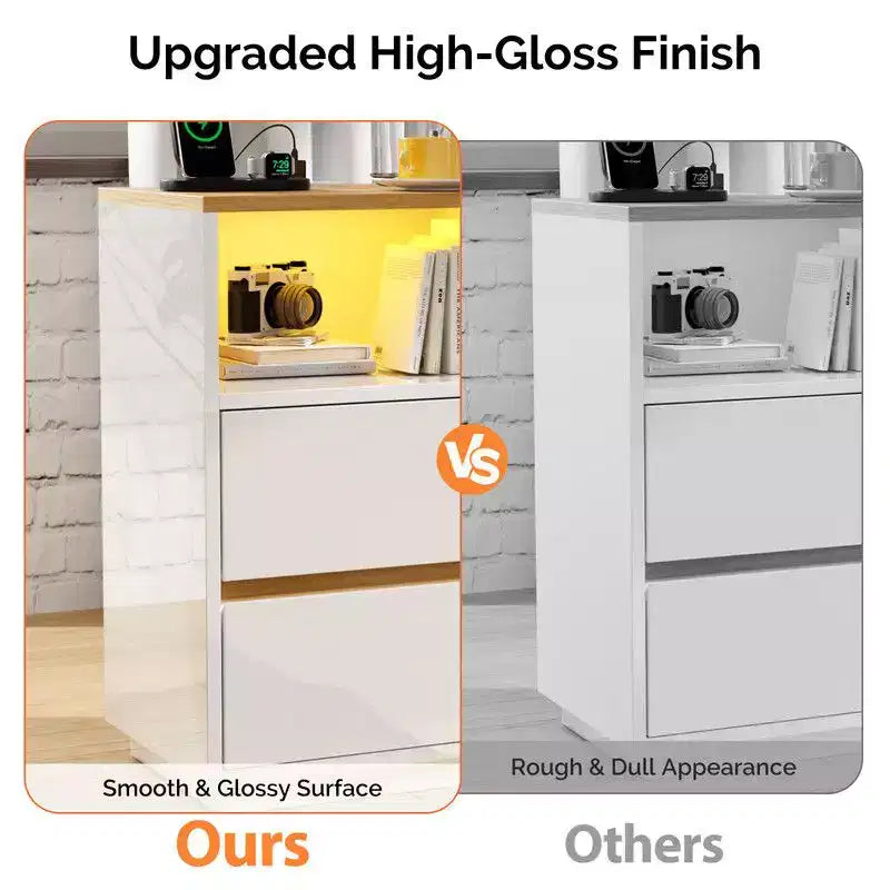 Comodino a 2 cassetti bianco e rovere con luci RGB e prese USB