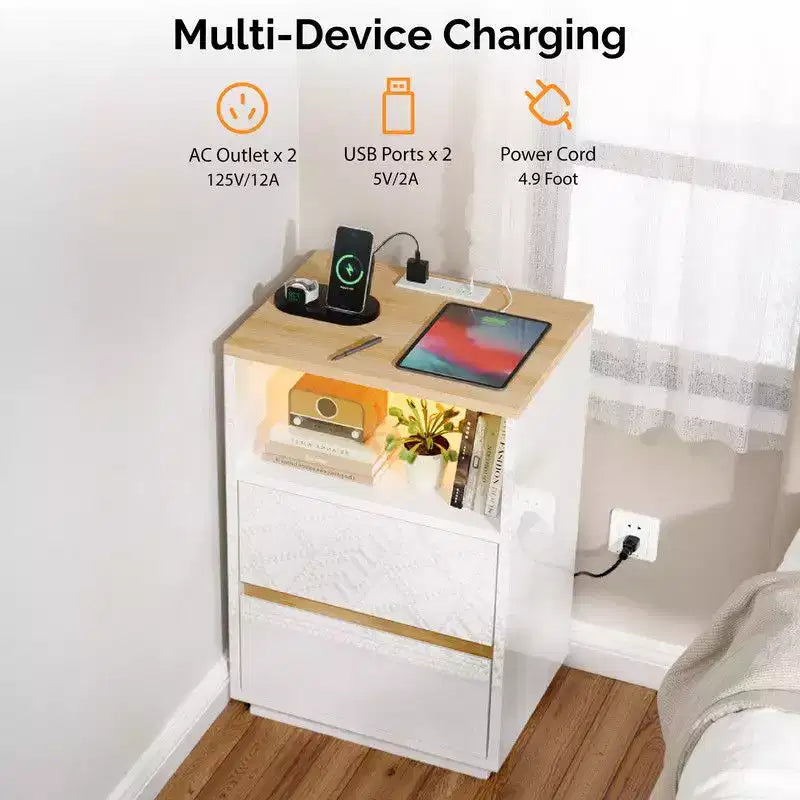 Comodino a 2 cassetti bianco e rovere con luci RGB e prese USB