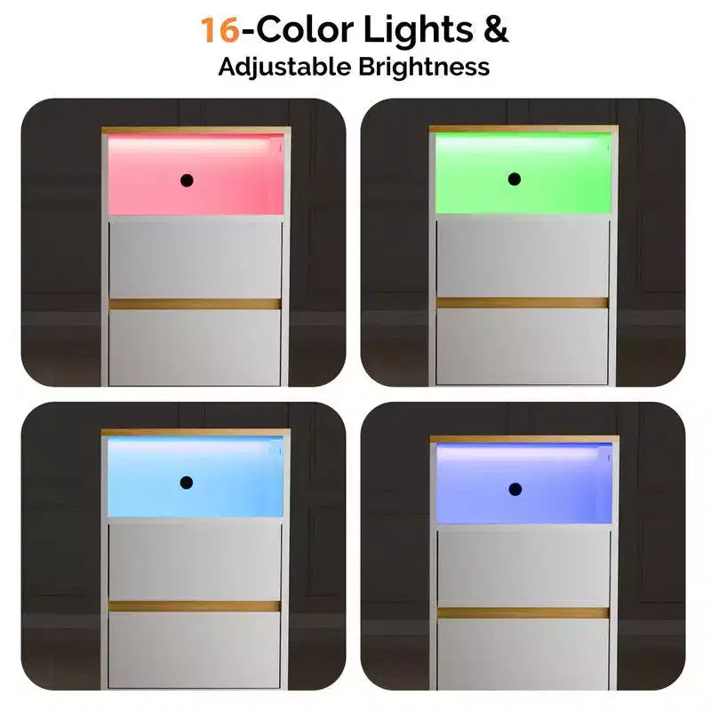 Comodino a 2 cassetti bianco e rovere con luci RGB e prese USB
