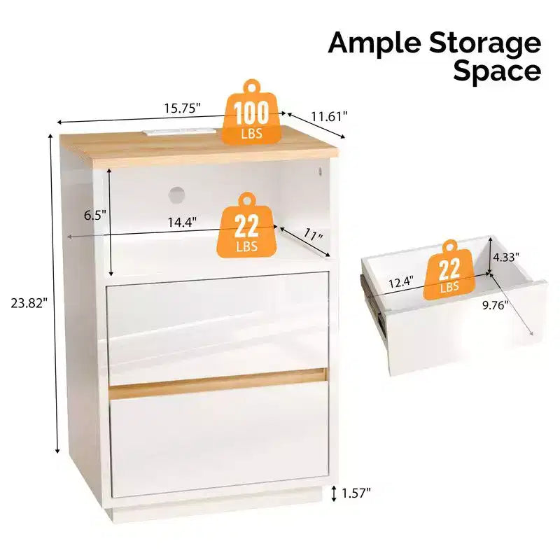 Comodino a 2 cassetti bianco e rovere con luci RGB e prese USB