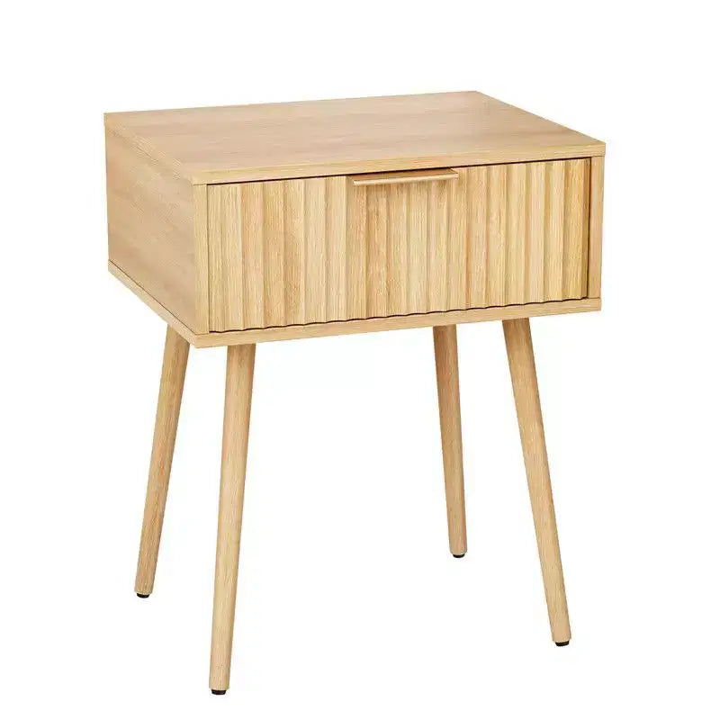 Comodino Beige Effetto Rovere con 1 Cassetto, Gambe Alte – 1 Pezzo