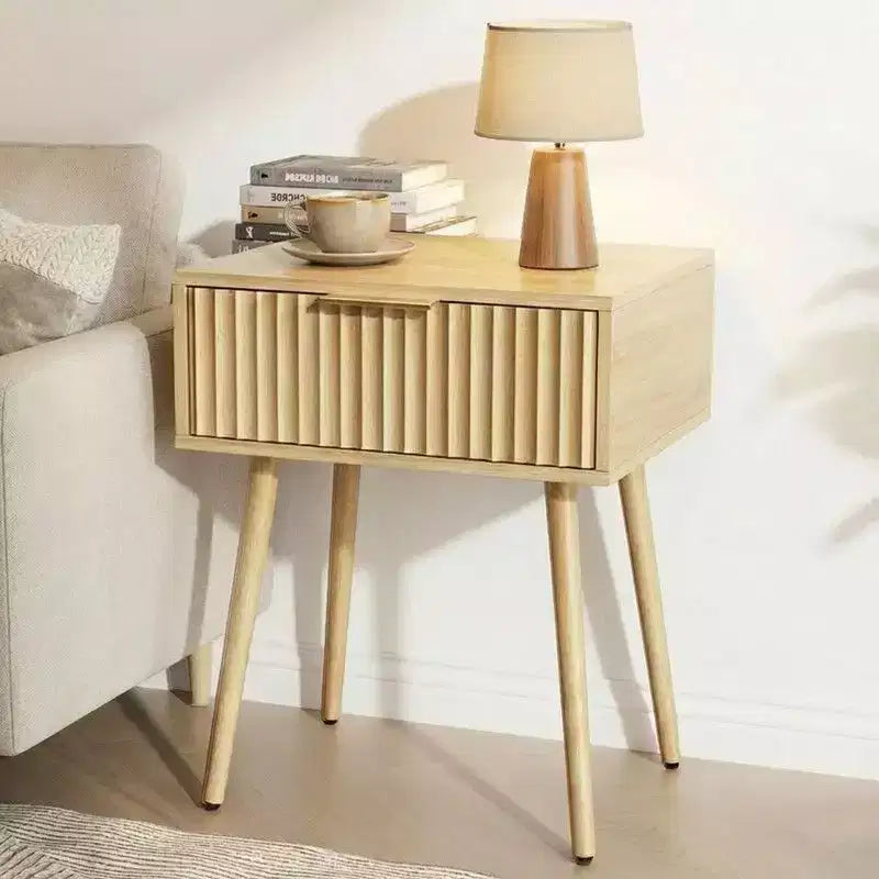Comodino Beige Effetto Rovere con 1 Cassetto, Gambe Alte – 1 Pezzo