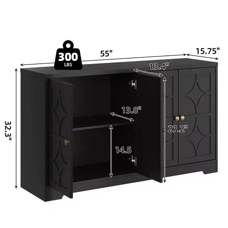 Credenza con buffet a 4 ante, 55", nero/marrone