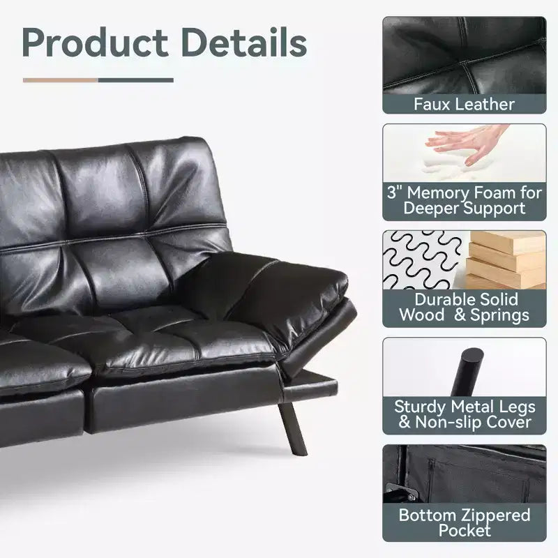 Divano Letto Futon in Similpelle, Divanetto Convertibile, 2 Posti