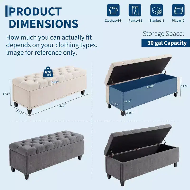 Panca contenitore/ottoman trapuntata beige/grigia, 2 posti, capacità 300 kg
