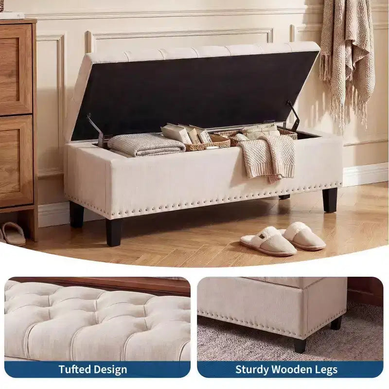 Panca contenitore/ottoman trapuntata beige/grigia, 2 posti, capacità 300 kg