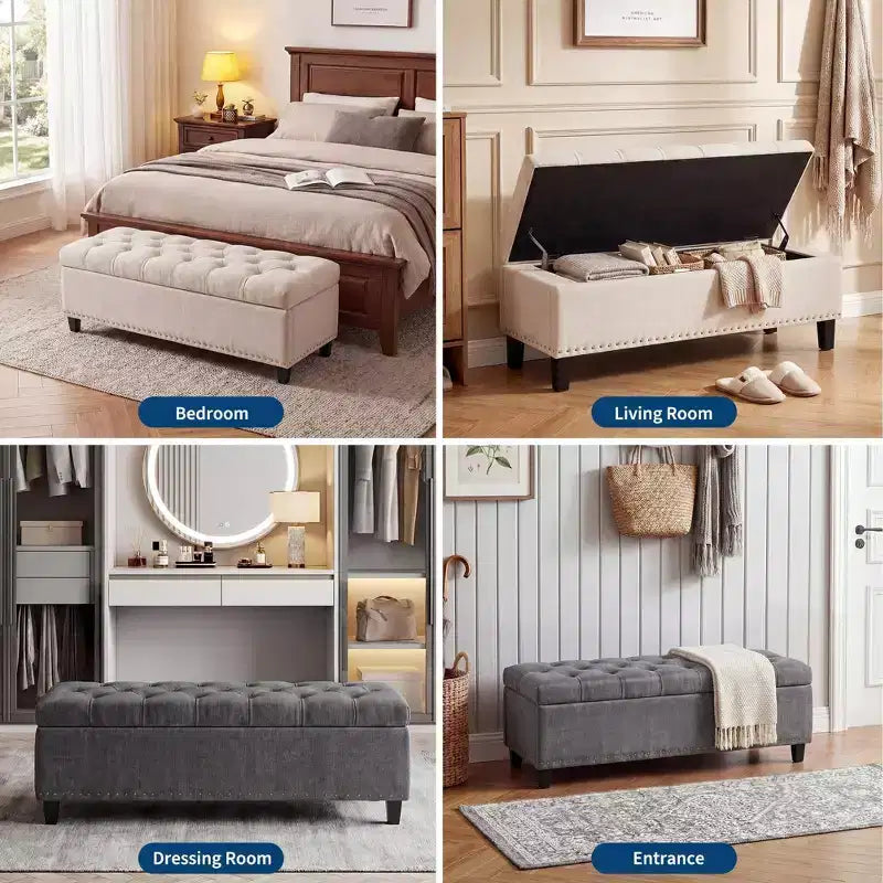Panca contenitore/ottoman trapuntata beige/grigia, 2 posti, capacità 300 kg