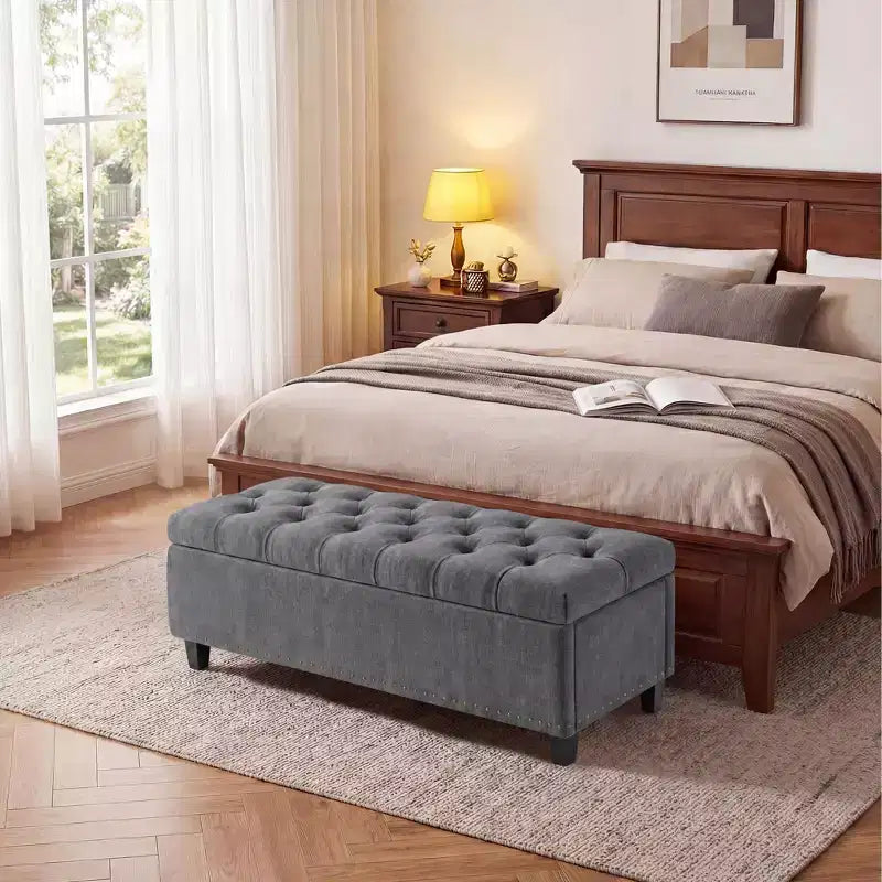 Panca contenitore/ottoman trapuntata beige/grigia, 2 posti, capacità 300 kg