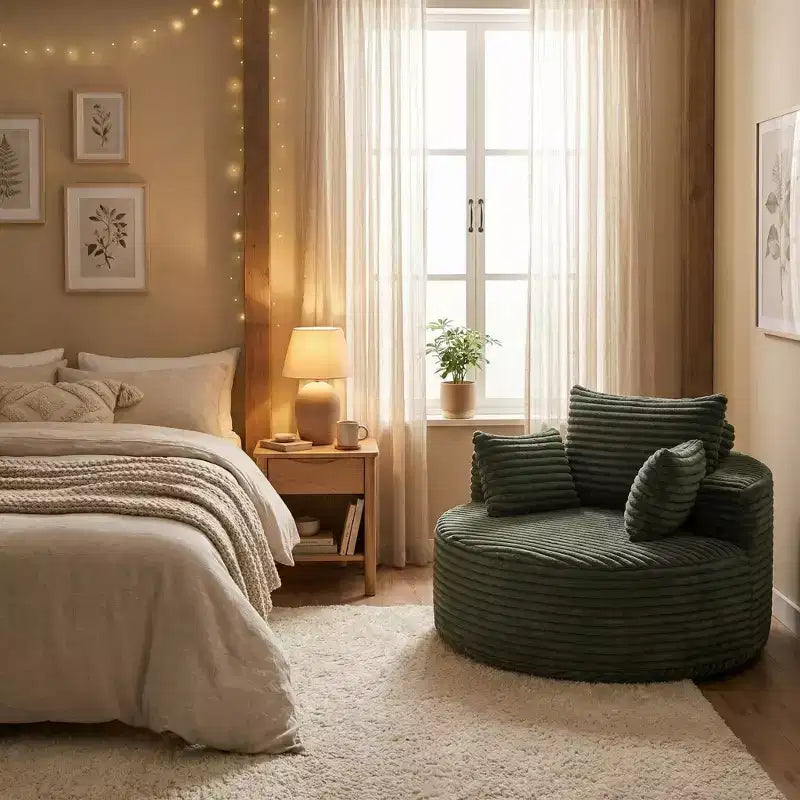 Poltrona rotonda lounge in velluto a coste beige, posto singolo