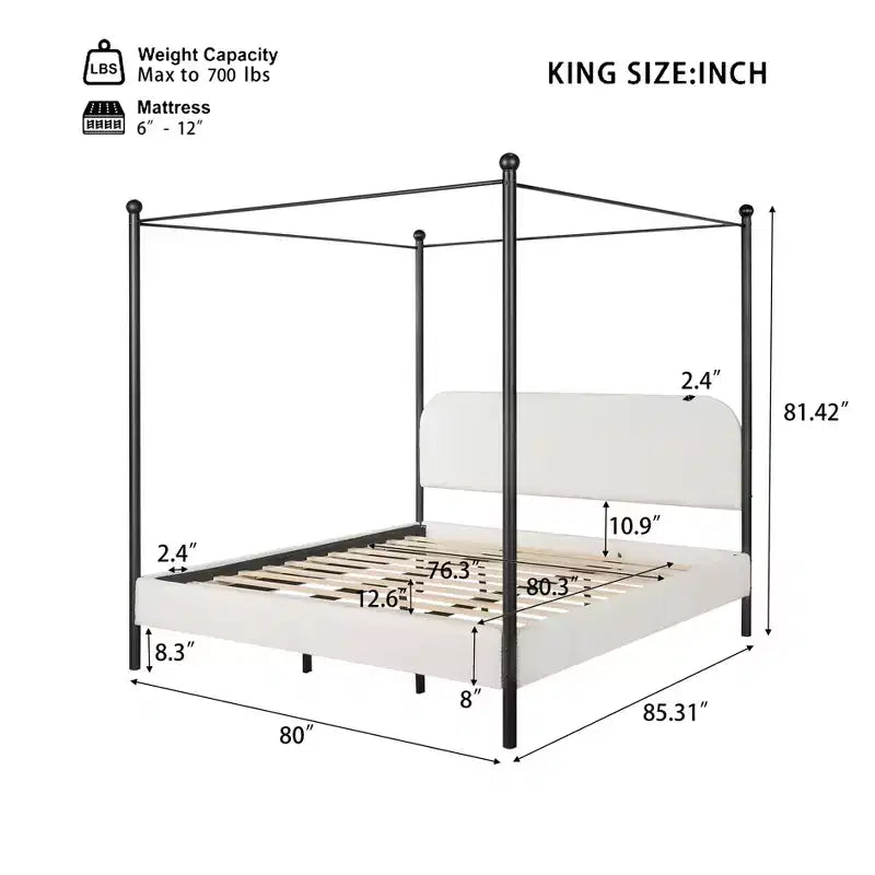 Letto a baldacchino imbottito in bouclé verde oliva/bianco – Queen & King, 2 persone