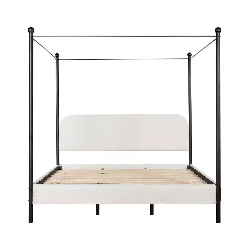 Letto a baldacchino imbottito in bouclé verde oliva/bianco – Queen & King, 2 persone