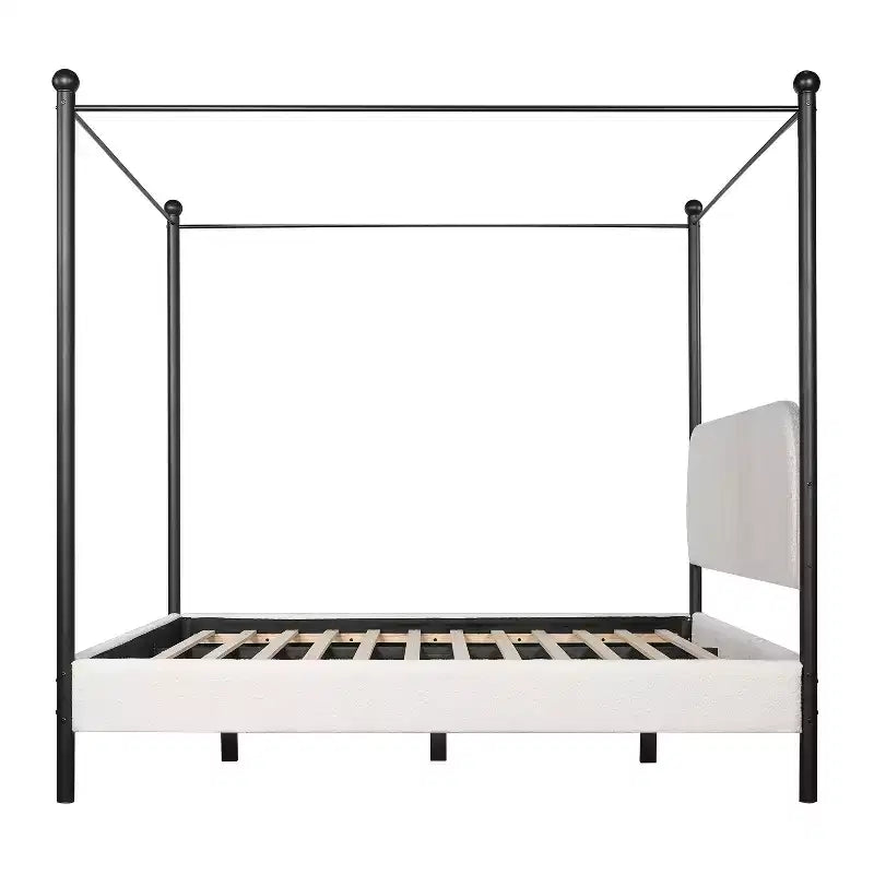Letto a baldacchino imbottito in bouclé verde oliva/bianco – Queen & King, 2 persone