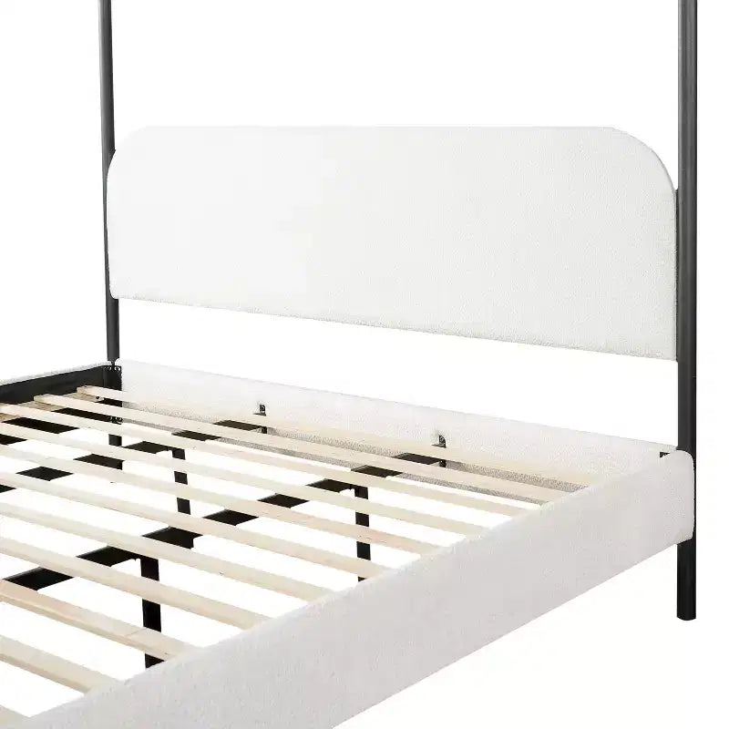 Letto a baldacchino imbottito in bouclé verde oliva/bianco – Queen & King, 2 persone