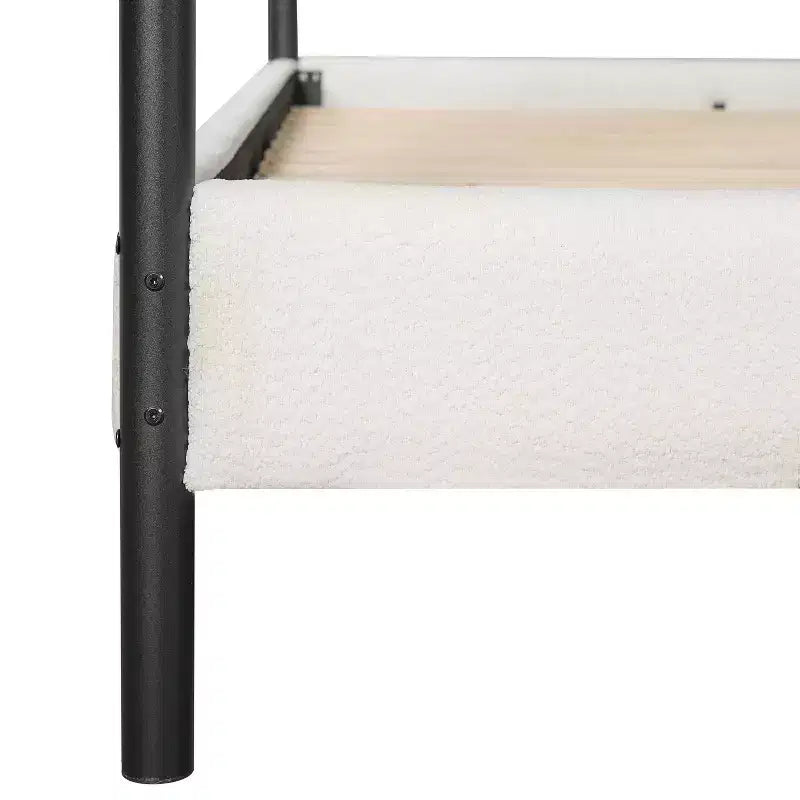 Letto a baldacchino imbottito in bouclé verde oliva/bianco – Queen & King, 2 persone
