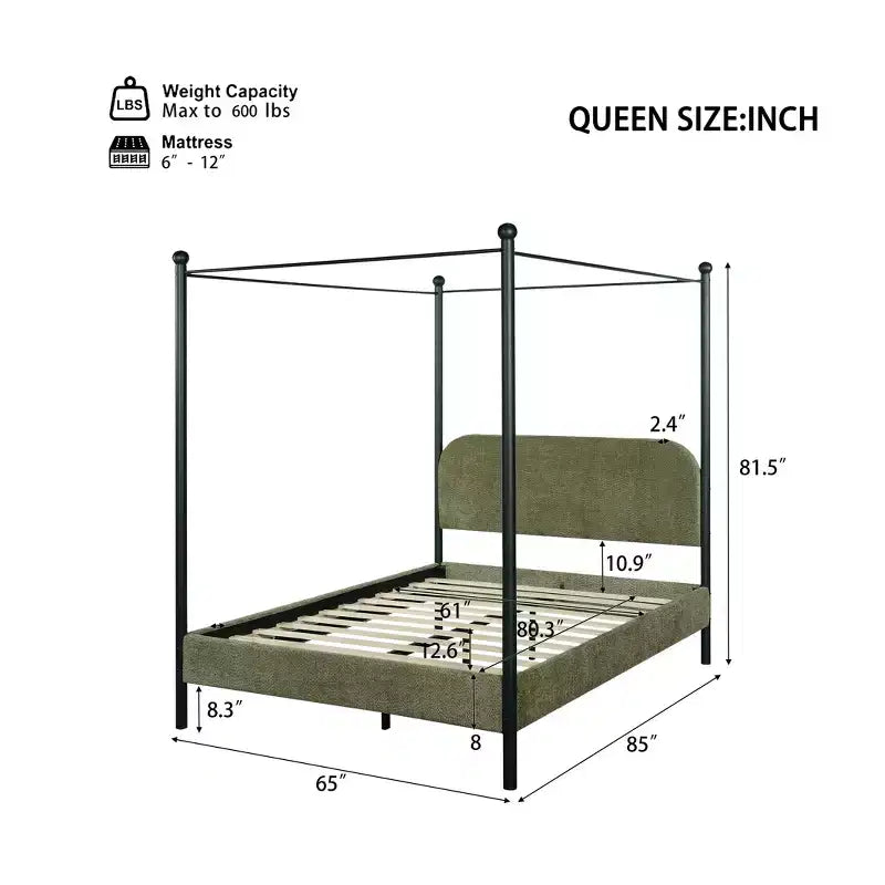 Letto a baldacchino imbottito in bouclé verde oliva/bianco – Queen & King, 2 persone