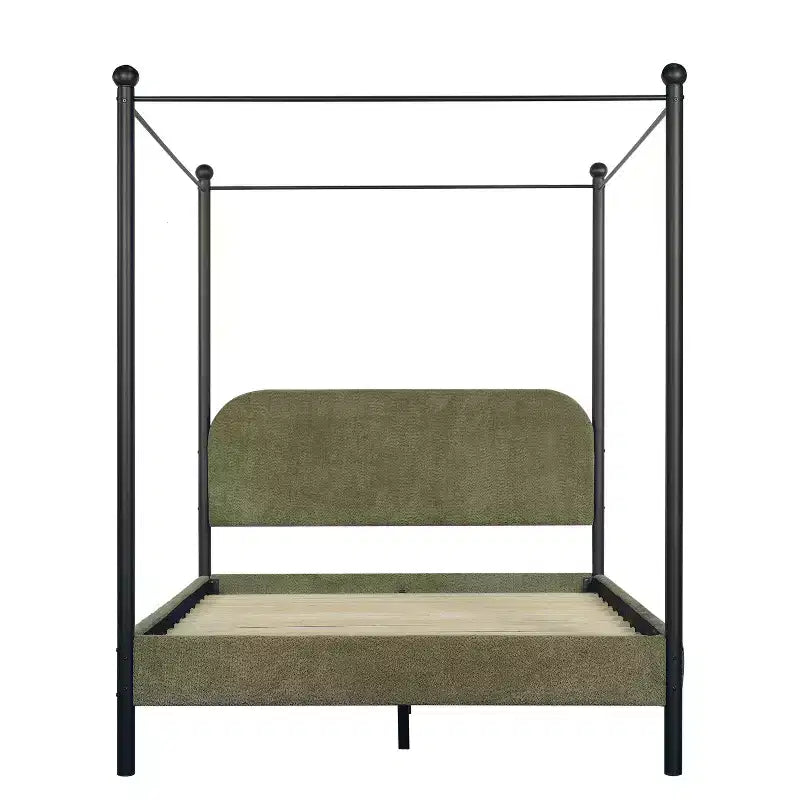 Letto a baldacchino imbottito in bouclé verde oliva/bianco – Queen & King, 2 persone