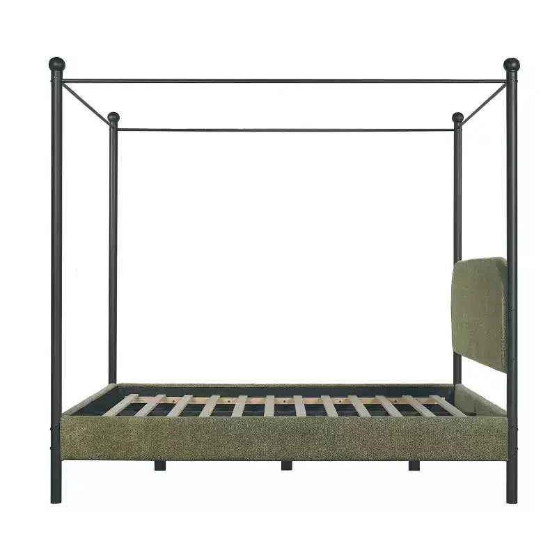 Letto a baldacchino imbottito in bouclé verde oliva/bianco – Queen & King, 2 persone