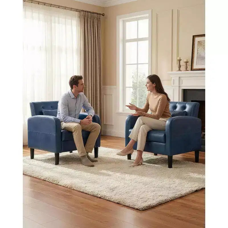 Poltrona d'Appoggio in Similpelle Trapuntata Mid-Century – Nera/Blu, Singola o Set da 2