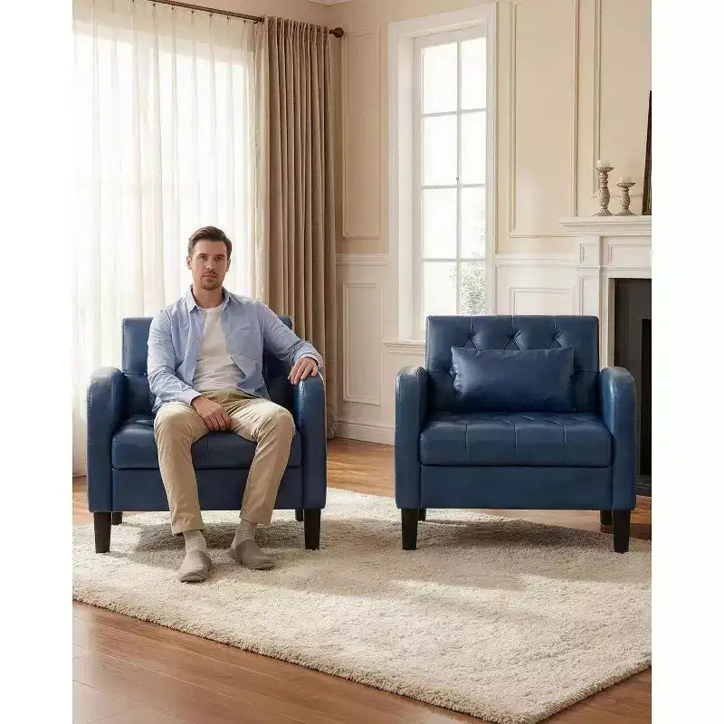 Poltrona d'Appoggio in Similpelle Trapuntata Mid-Century – Nera/Blu, Singola o Set da 2