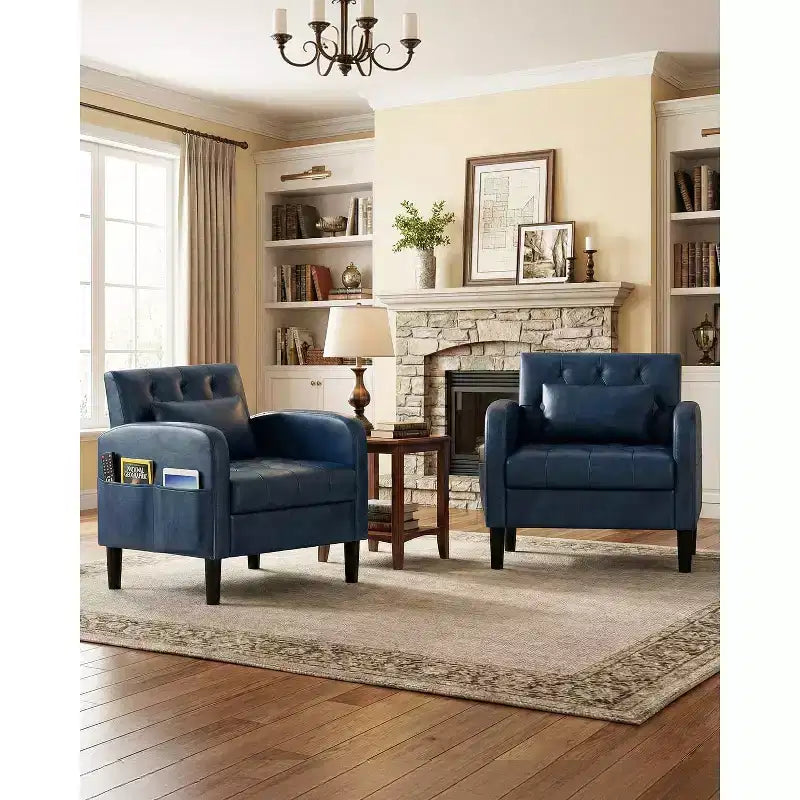 Poltrona d'Appoggio in Similpelle Trapuntata Mid-Century – Nera/Blu, Singola o Set da 2