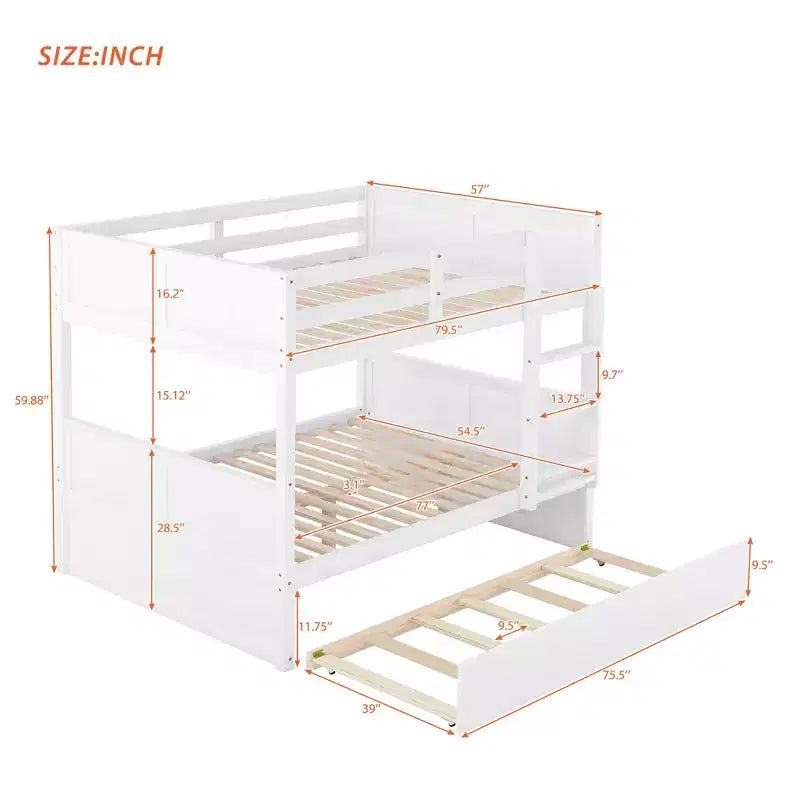 Letto a castello full-over-full bianco con letto estraibile singolo, 3 posti letto