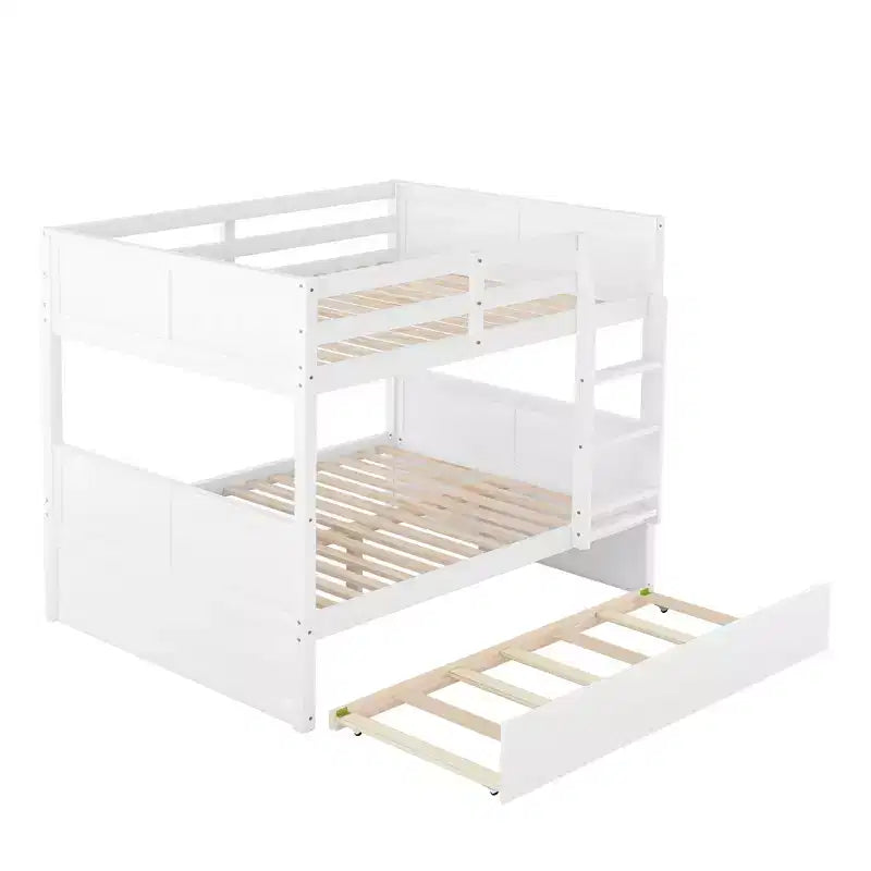 Letto a castello full-over-full bianco con letto estraibile singolo, 3 posti letto