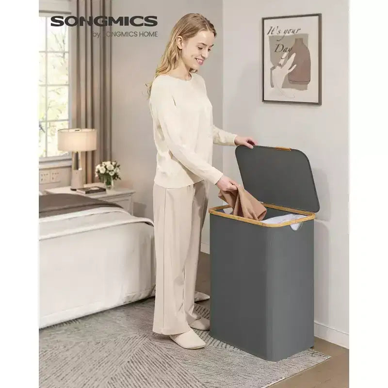 Cesto portabiancheria pieghevole con coperchio crema/nero inchiostro/grigio ardesia – 2 persone, 140 litri