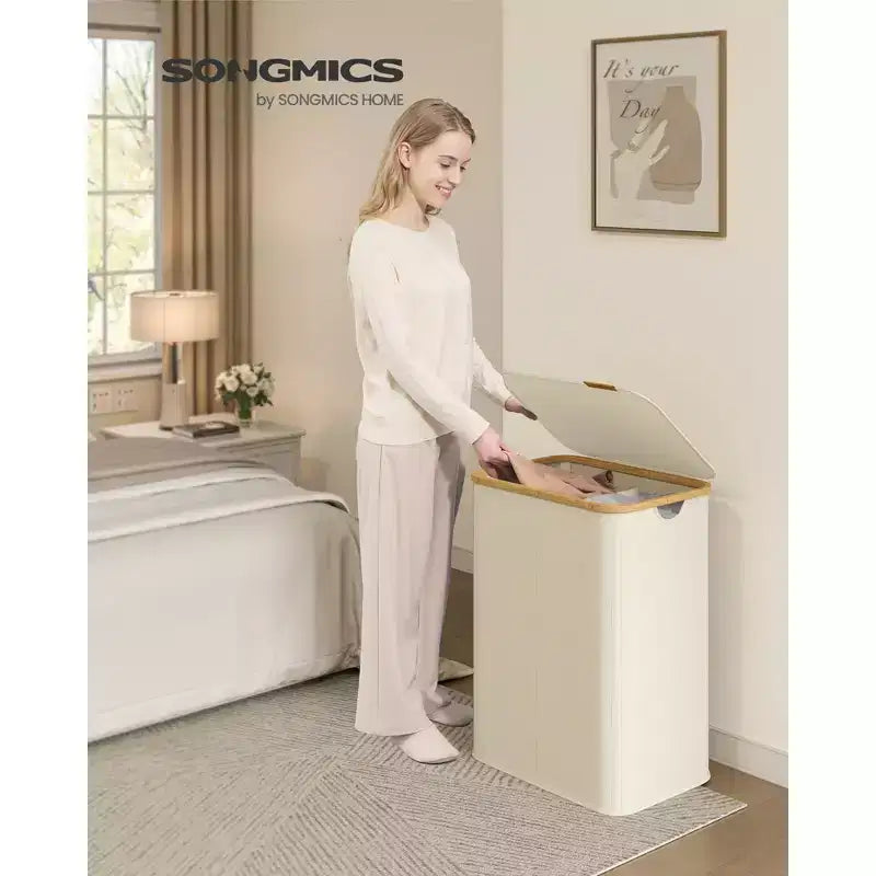 Cesto portabiancheria pieghevole con coperchio crema/nero inchiostro/grigio ardesia – 2 persone, 140 litri