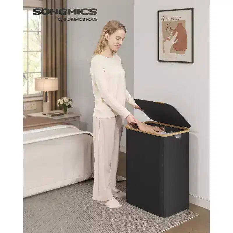 Cesto portabiancheria pieghevole con coperchio crema/nero inchiostro/grigio ardesia – 2 persone, 140 litri
