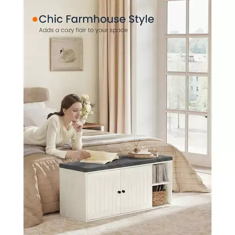 Panca Contenitore Miele Marrone / Bianco Rustico e Grigio Ardesia con Scarpiera, Seduta per 2 Persone