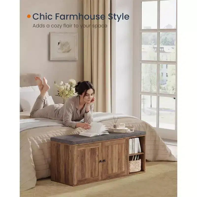 Panca Contenitore Miele Marrone / Bianco Rustico e Grigio Ardesia con Scarpiera, Seduta per 2 Persone