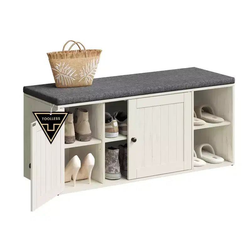 Panca Contenitore Miele Marrone / Bianco Rustico e Grigio Ardesia con Scarpiera, Seduta per 2 Persone