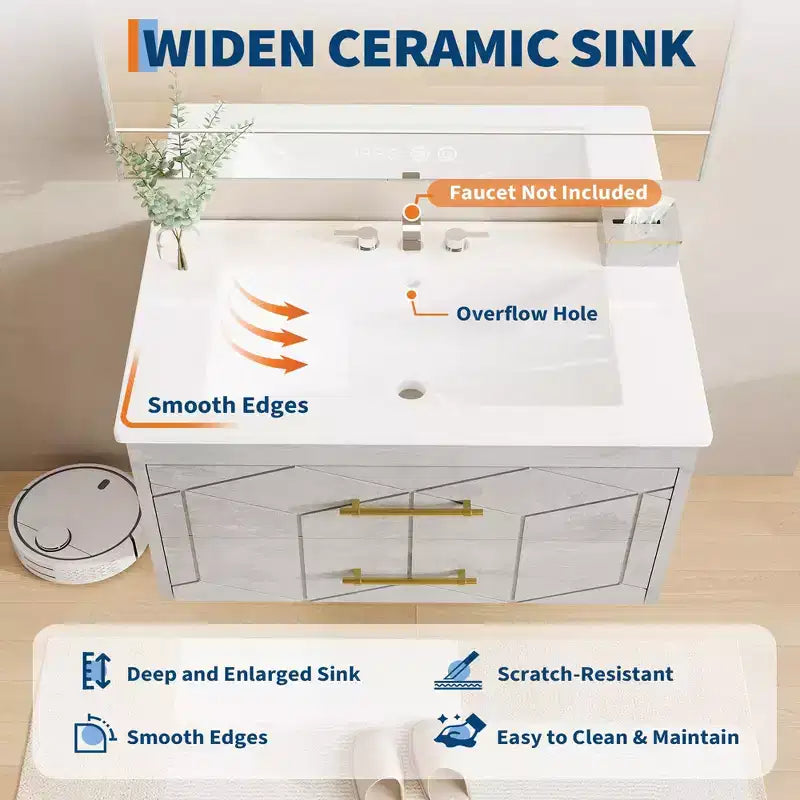 Mobile bagno sospeso nero/grigio/bianco con lavabo, cassetti ammortizzati e maniglie dorate, 61 cm o 76 cm, 1 lavabo
