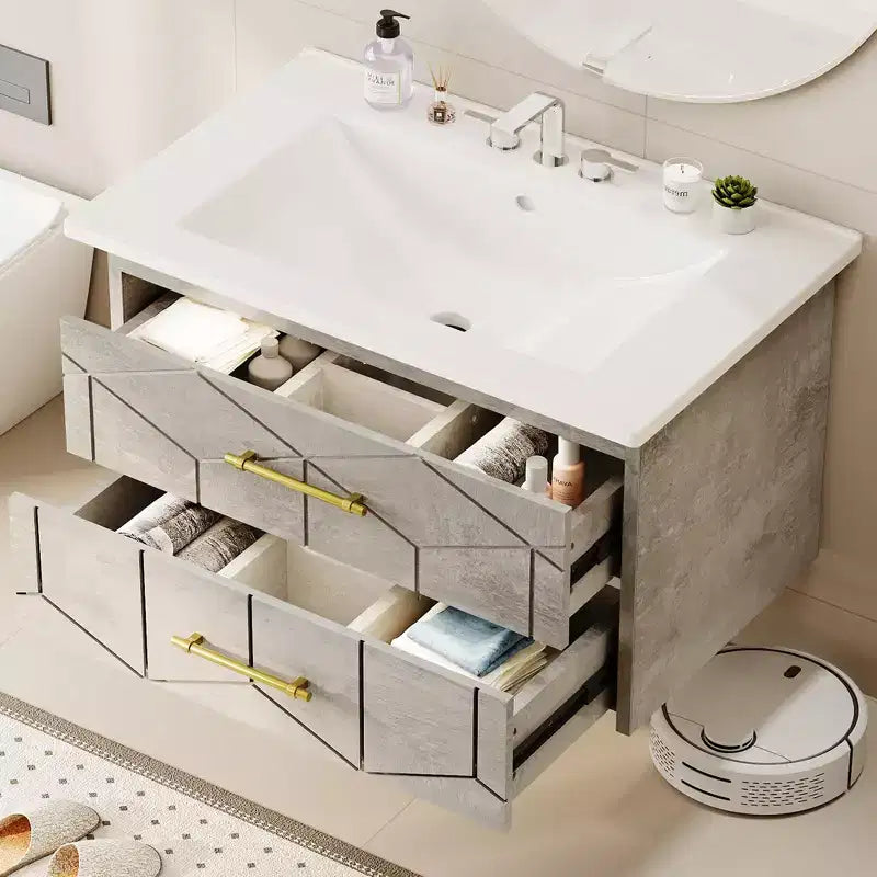 Mobile bagno sospeso nero/grigio/bianco con lavabo, cassetti ammortizzati e maniglie dorate, 61 cm o 76 cm, 1 lavabo