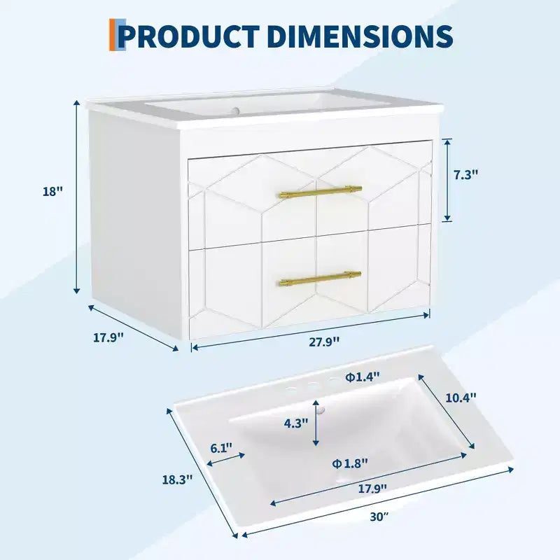 Mobile bagno sospeso nero/grigio/bianco con lavabo, cassetti ammortizzati e maniglie dorate, 61 cm o 76 cm, 1 lavabo